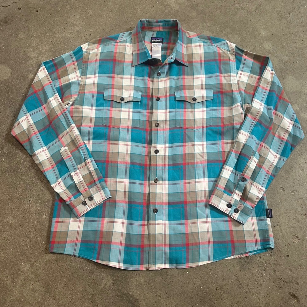 Patagonia Buckshot Long Sleeve Shirt Men's XL Teal Plaid Organic Cotton Hiking